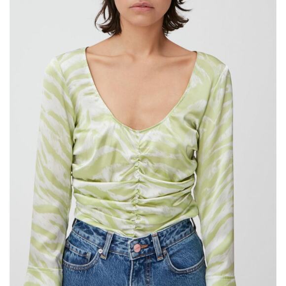 NWT GANNI Zebra Stripe Ruched Silk Blouse in Margarita - Picture 2 of 16